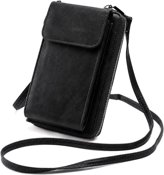 Zwarte kunstleren crossbody telefoontas met schouderband en zilverkleurige ritssluiting.