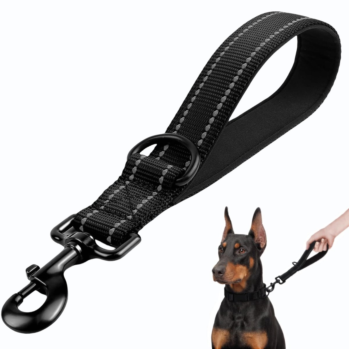 Korte geleider hond 30 cm, hondenriem kort met metalen clip en zachte bekleding, reflecterende nylon hondenriem geschikt voor middelgrote en grote honden (zwart, S)