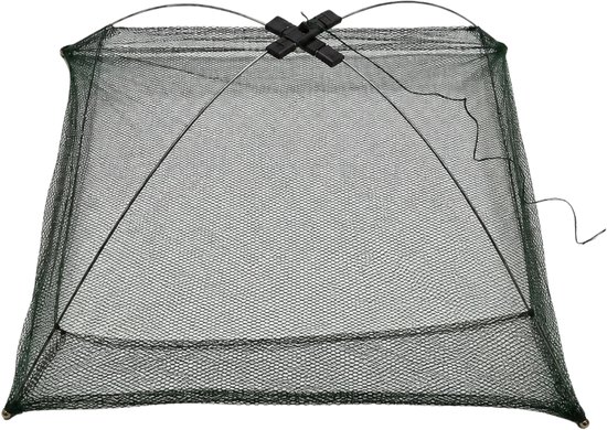 Opvouwbaar groen visnet met metalen frame en kruisvormige bovenkant. Het net is vierkant met fijne maaswijdte.