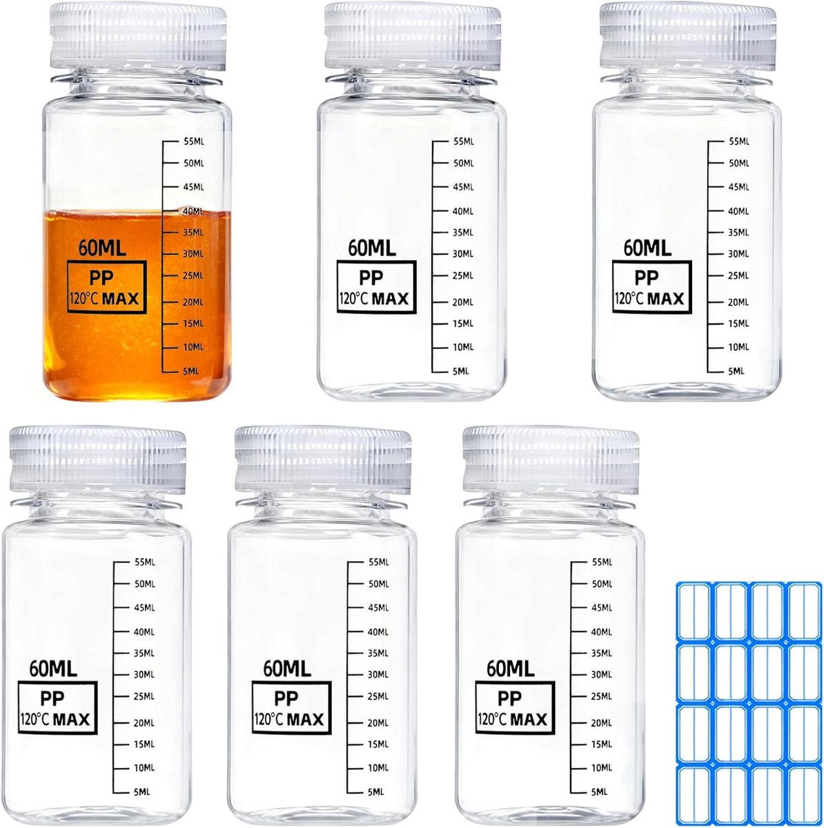 6 stuks flesjes met brede hals met schaalverdeling, 60 ml, plastic flessen, lege laboratoriumflessen, lekvrij, doorschijnend, van HDPE-fles voor pillen, watermonsterflessen