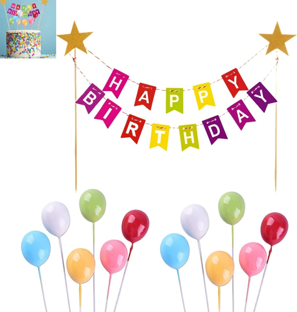 Birthday Taartdecoratie, Cake Topper Bunting Set met 12 Mini-Ballonnen, Slinger, Alles Gute zum Geburtstag Cake Topper voor Kinderen, Meisjes, Jongens, Kleurrijke Regenboog