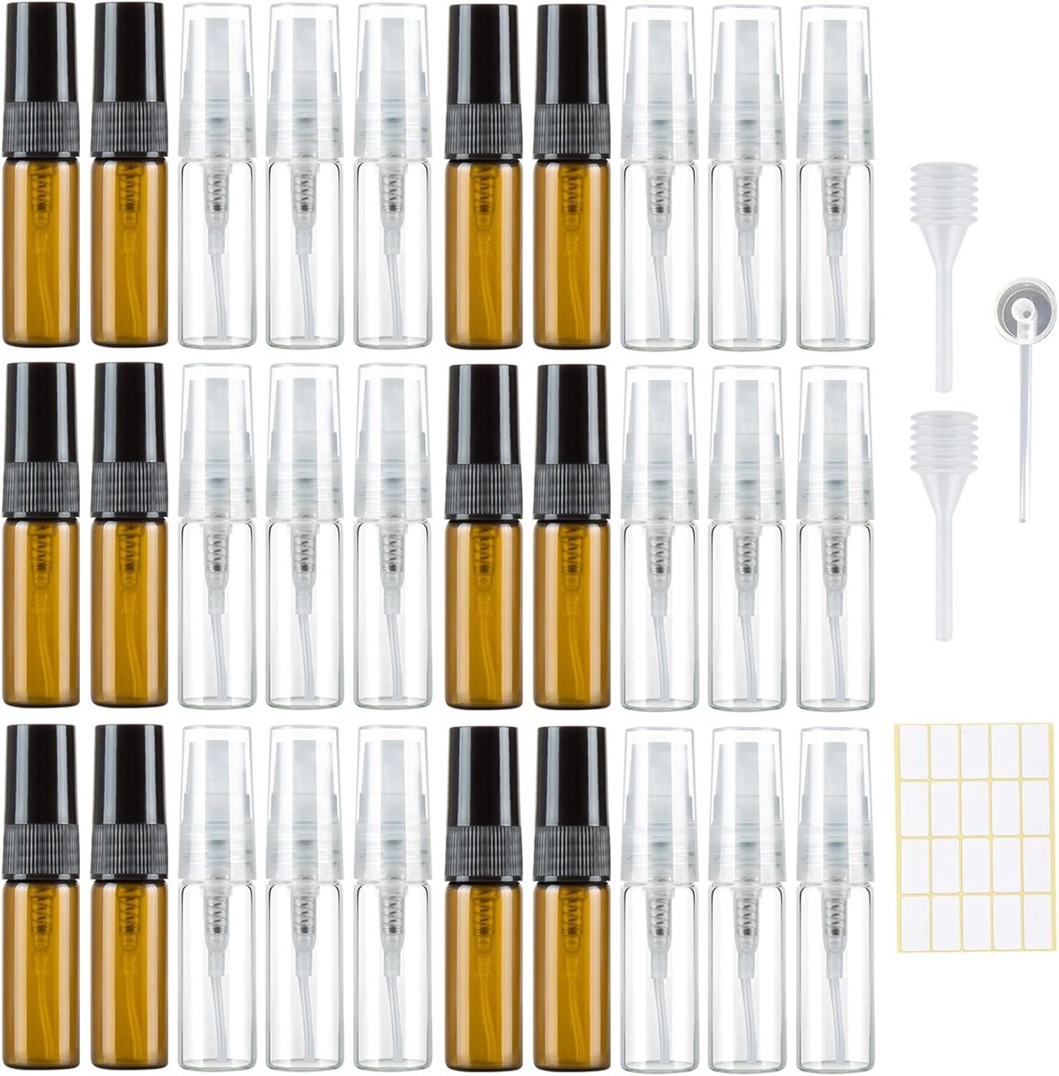 30 stuks 3 ml parfumverstuiver, lege spuitfles, glas, klein om te vullen, mini-pompzakken, parfumflacon, navulbaar, parfummonsters voor reizen, transparante barnsteen met pipetten, perskop