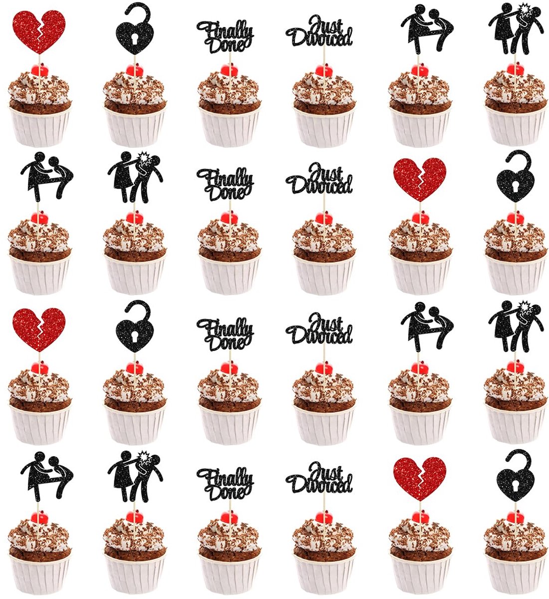 Cupcake-topper met opschrift "Scheidung", 24 stuks, met zwarte glitter, voor Freedom Bachelor Supplies