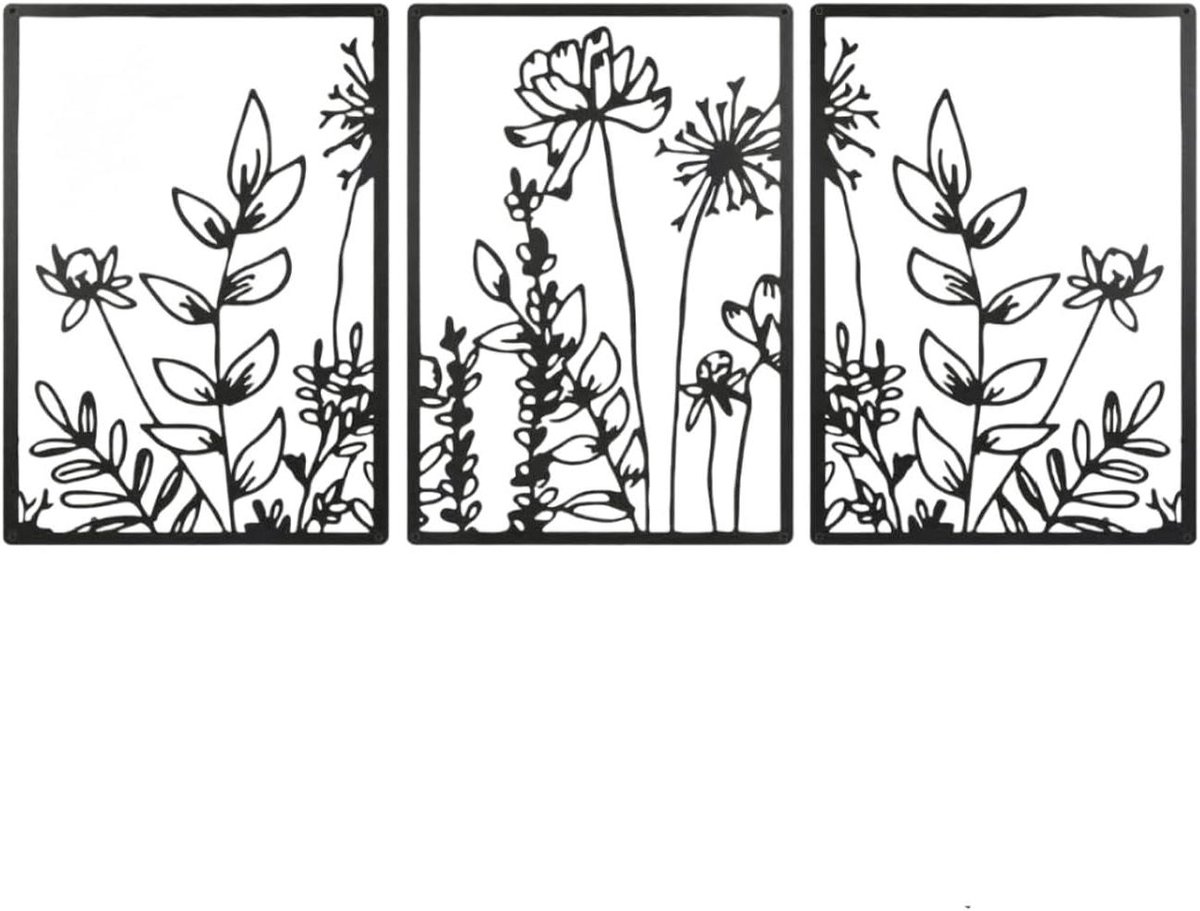 Set van 3 Zwarte Metalen Wanddecoratie Bloemen - 30x40cm - Industriële IJzeren Wandsculpturen voor Woonkamer & Buiten
