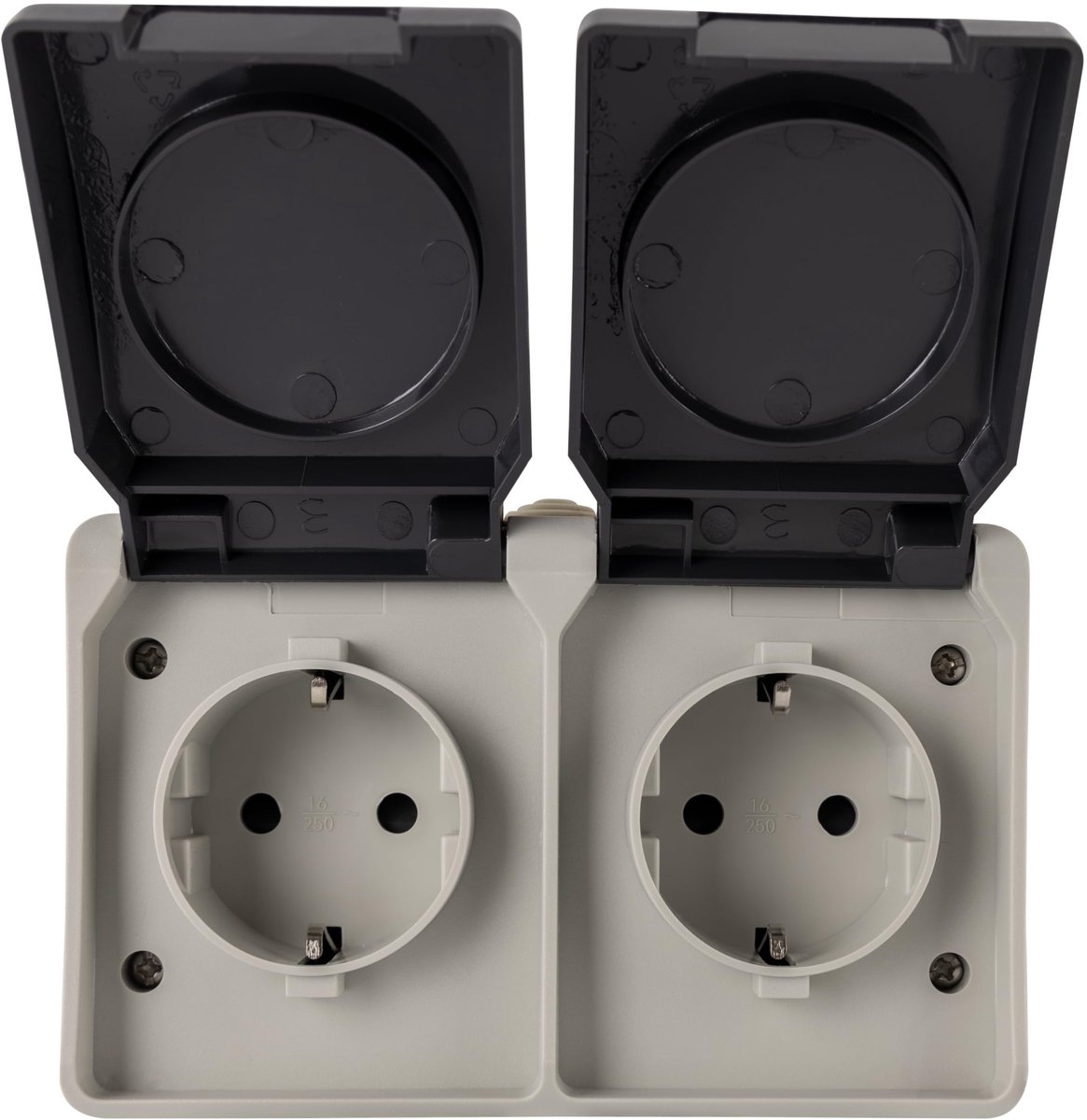 AquaBase, 2-voudig stopcontact voor vochtige ruimtes, 2-polig, spatwaterdicht IP54, horizontaal, opbouw, grijs