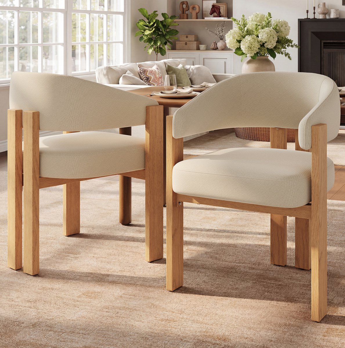 DESMIU Eetkamerstoel 49 x 47 x 78 cm - Set Van 2 Met Armleuning En Dikke Vulling - Ergonomisch Voor Eetkamer En Woonkamer - Stof Metaal Beige