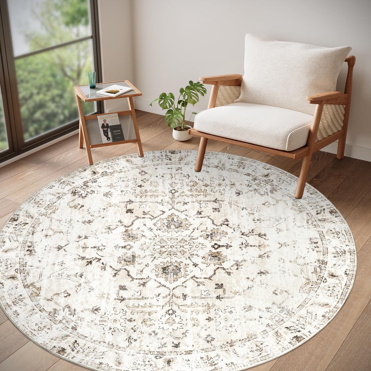 Vintage Tapijt Rond 160cm Beige Slaapkamer Tapijt Wasbaar Antislip Vloerkleed Rond voor Woonkamer Kinderkamer Eetkamer Kantoor