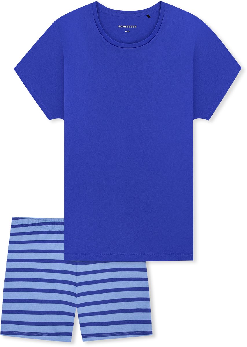 Schiesser dames shortama 100% katoen - Casual Essentials - Zomer pyjama korte broek en korte mouwen - 40 - Blauw