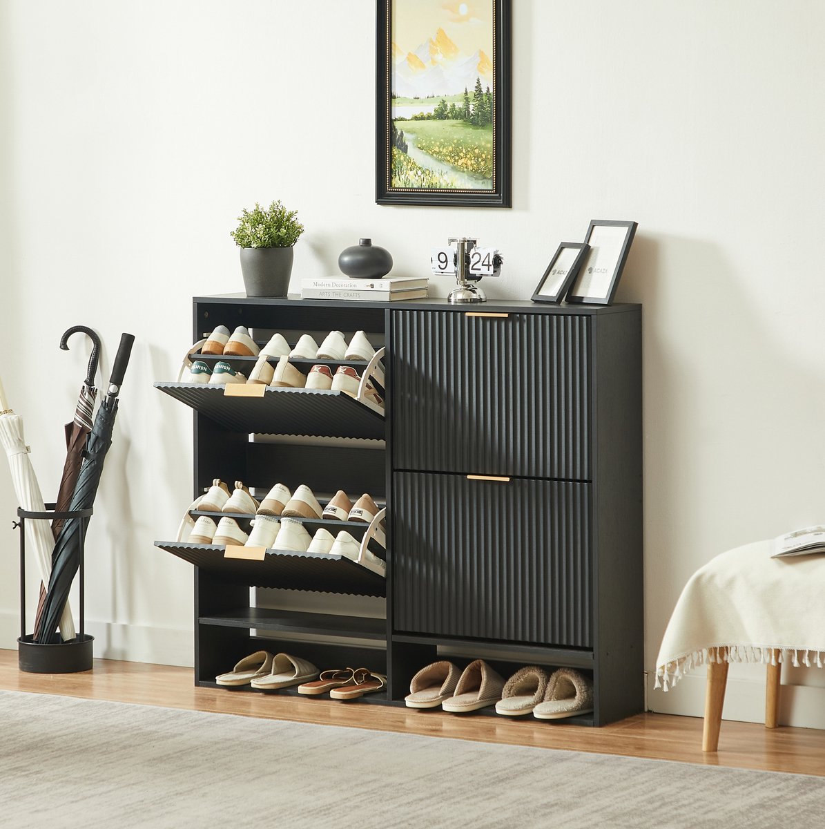 MIVRAY Schoenenkast - Smal Ontwerp Met Verstelbare Planken En Kantelkleppen - Voor Hal En Gang - MDF En Metaal - Zwart - 120x24x102 Cm