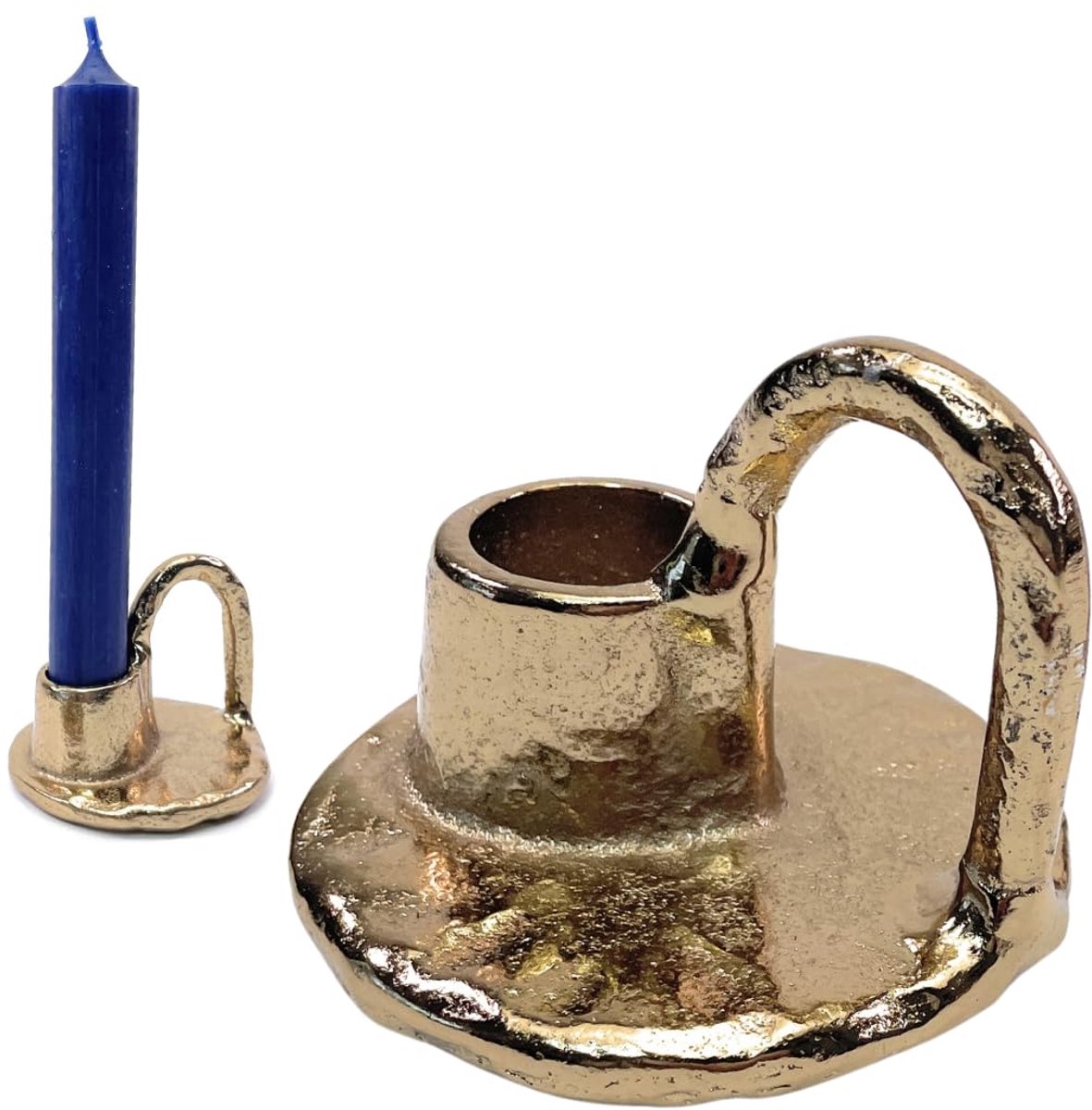 Set van 2 metalen kandelaars met schotelvoet Ø 7,5 cm en handvat, kamerkroonluchter, kaarsenstandaard voor staafkaarsen (antiek goud)