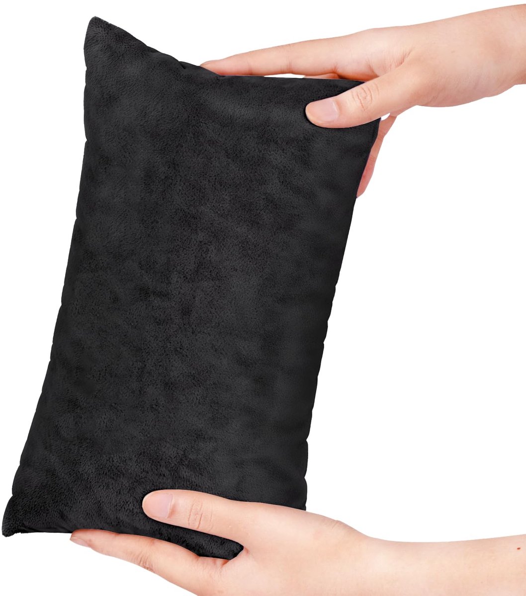 Klein kussen, 28 x 17 cm, mini-kussen met afneembare pluche kussensloop, rechthoekig kussen, pols, knie, nek, lumbaal, reizen, klein kussen voor volwassenen, huisdieren, hond (zwart)
