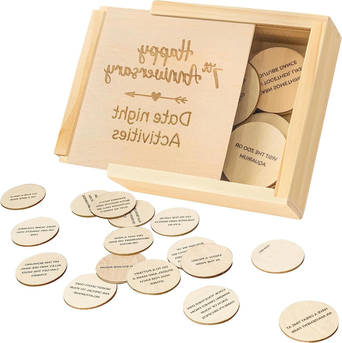 Houten Jubileumgeschenken - Date Night Box - Koppels Verbinden - 52 Datum Ideeën - 11 x 11 x 3 cm