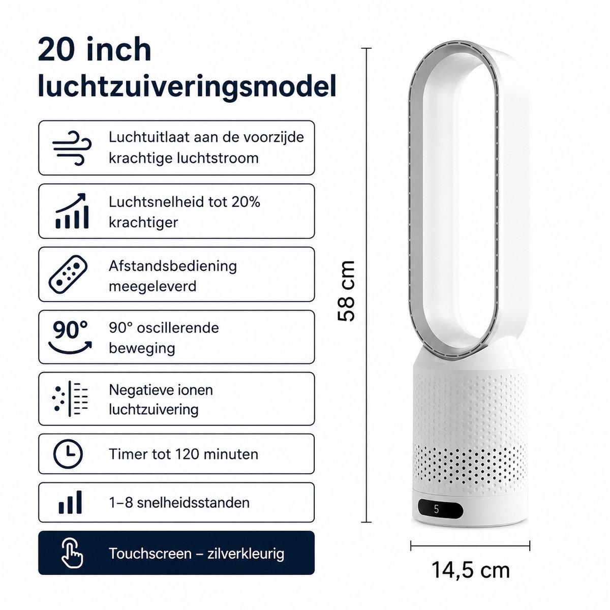 Rolu Torenventilator – Ventilator Staand – Ventilator Toren – 60 CM – 8 Snelheden - 90° Oscillatie – Timer Functie – Afstandsbediening – foto 4