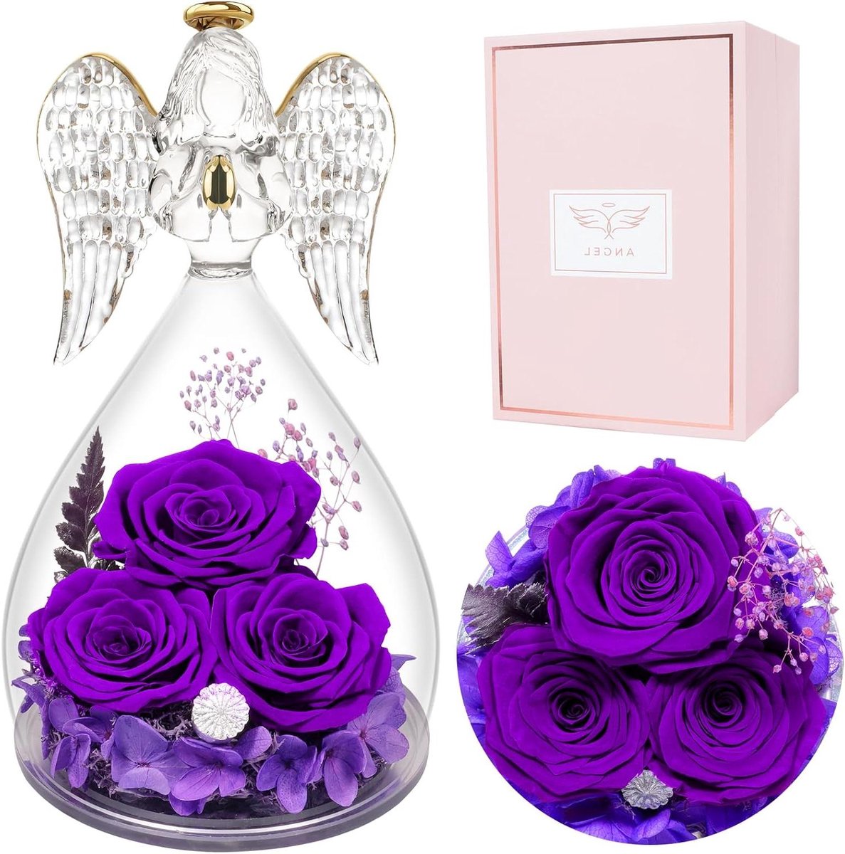Eeuwige Roos Glas - Roos Cadeau - Decoratie Huis - Handgemaakt Engelenbeeldje - 9 x 9 x 15 cm - Roze