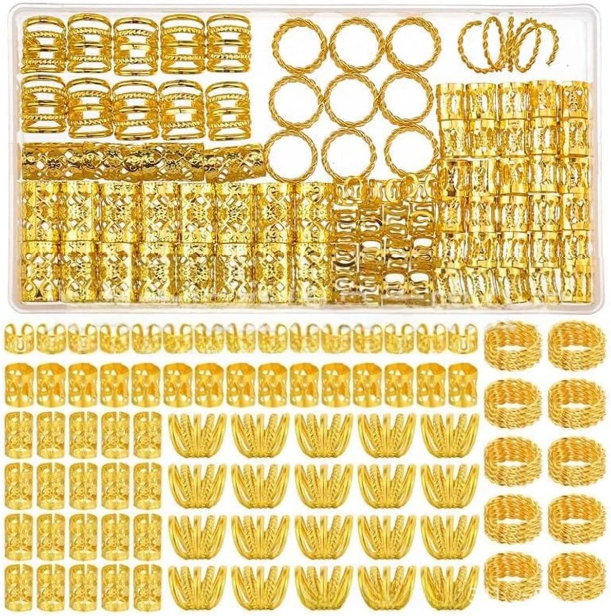 110 Stuks - Haar kralen - Haar Ringen Vlechten - Haarjuwelen voor Vlechten -Gouden Dreadlock Accessoires met Opbergdoos - Hair Cuffs en Spiralen voor Tresses en Baarden - Metaal