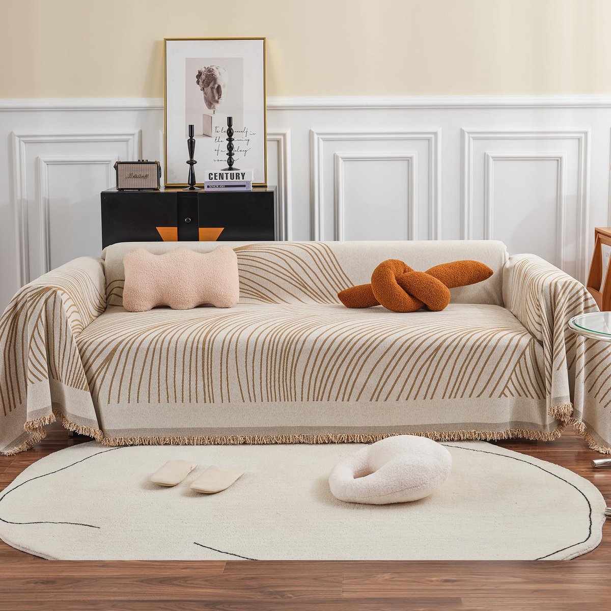 bankovertrek, woondecoratie, vier seizoenen, universeel, geweven kwastjes, abstracte geometrische lijn, multifunctioneel, zacht, comfortabel, bankdeken, 180 * 260cm Beige