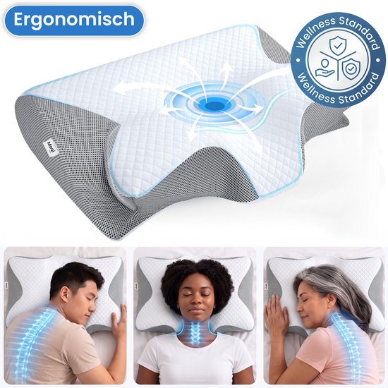 Grijze en witte ergonomische kussen in de vorm van een vlinder, getoond met drie personen die erop slapen. Wellness logo.