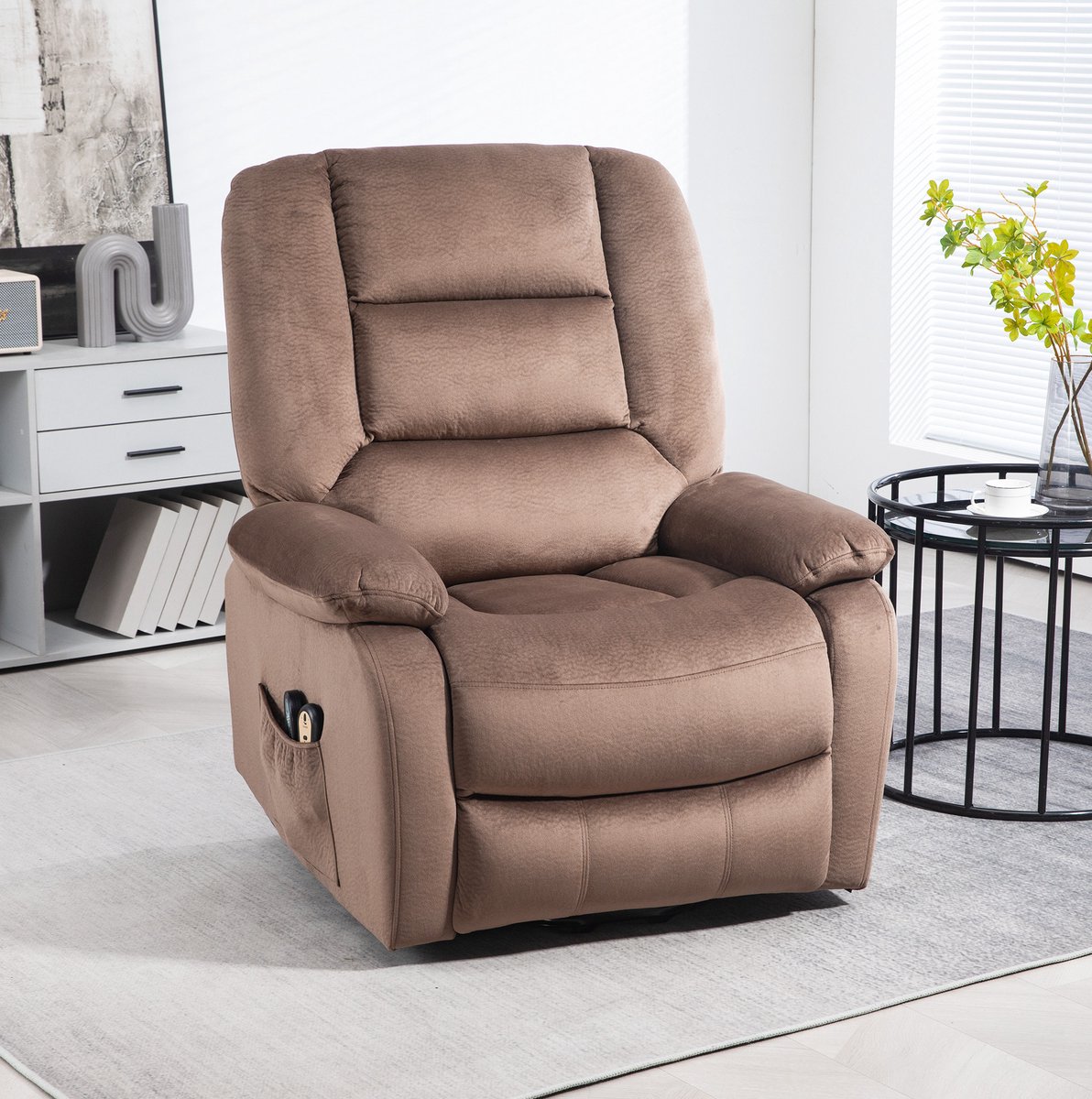 Wishdor - Relaxfauteuil - Elektrisch met sta-op functie en massage - Verstelbare rugleuning - Woonkamer - Stof - Bruin - 90 x 93 x 110 cm
