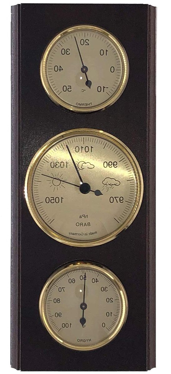 Weerinstrument Analoog - Weerstation Hout - Buiten Weer Meten - Drie Functies - 27 x 11 cm - Walnoot