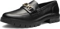 Zwarte leren loafer met gouden gesp en profielzool.