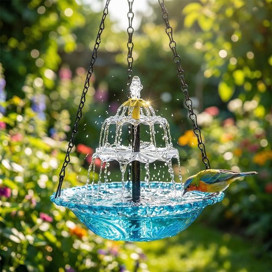 Op Zonne-Energie Vogelbadfontein - 3-Laags Waterornament - Hangende - 9,3-Inch Eenvoudig Te Reinigen Glazen Schaal Met Zonnepomp - Blauw - Voor Buiten en In De Tuin - Tuindecoratie, Patiostyling, Tuinfeesten en Buitenleven