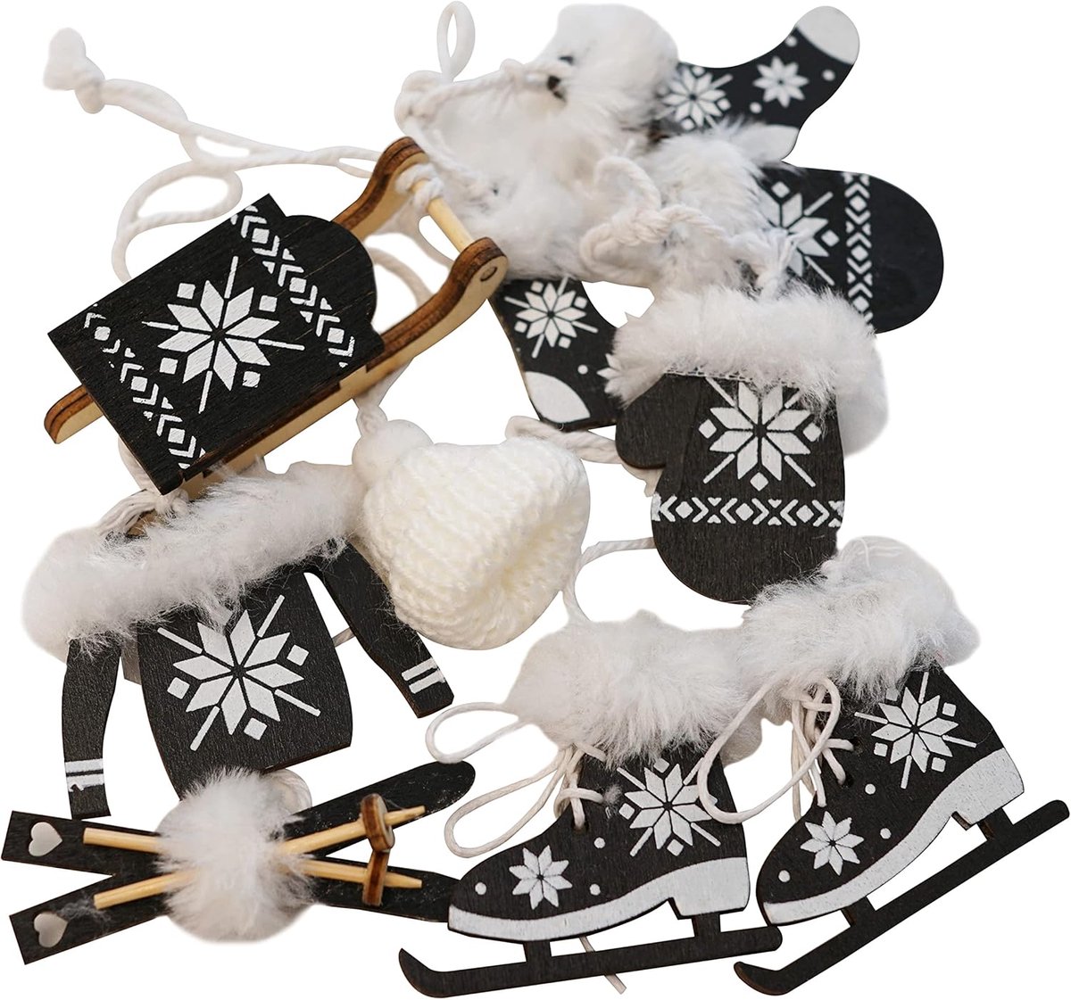 khevga Set van 6 kerstboomversieringen wintersport kersthangers van hout (zwart)