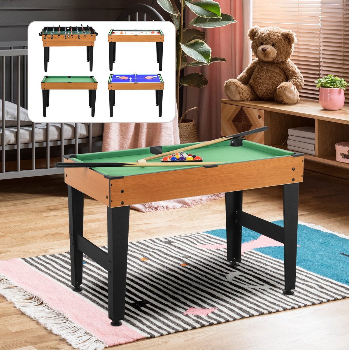 MEUNIQ 4-in-1 multigame speeltafel 107 x 61 x 84,5 cm met tafelvoetbal, tafelhockey, tafeltennis en mini-biljart voor speelkamer of woonkamer Naturel