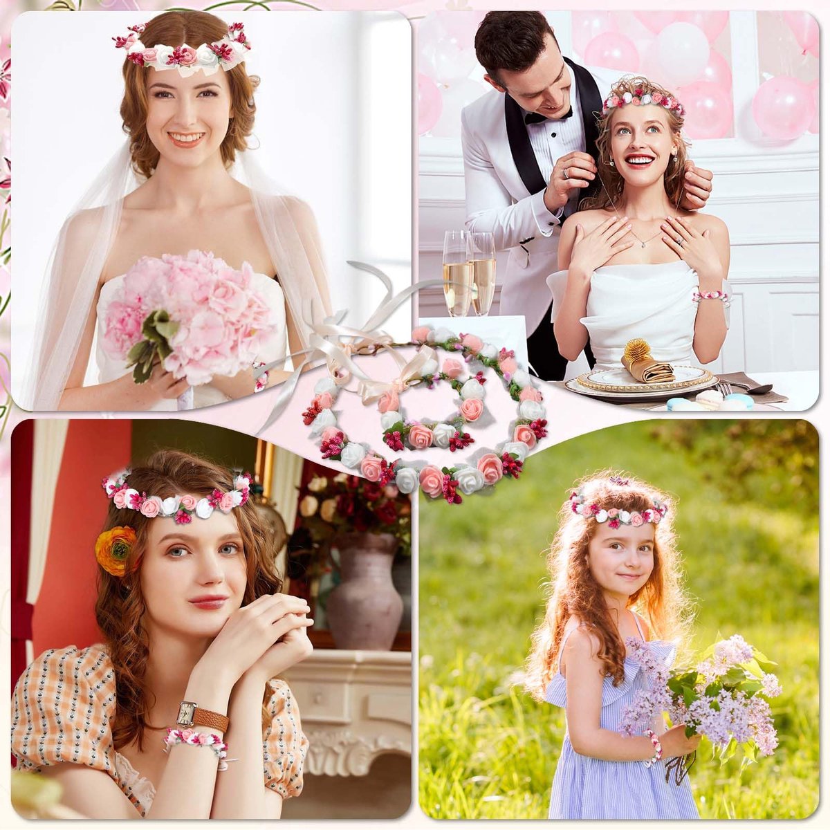 Boho Bloemenkroon - Bloemenhoofdband, Haarband, Bloemenkrans, Kroon voor Vrouwen en Meisjes, Bruid, Rozen (Roze)