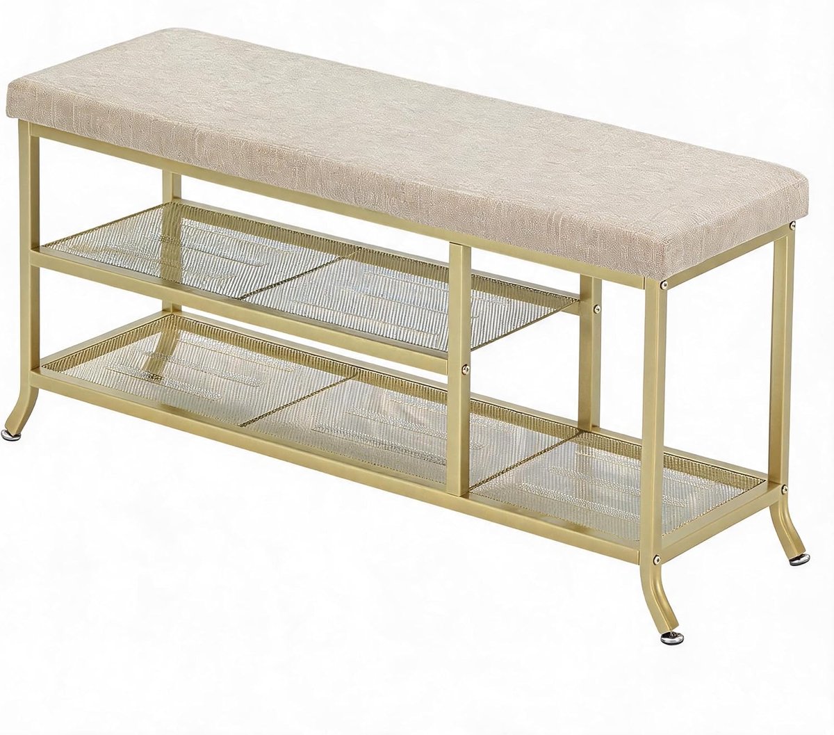 Schoenenbank met beklede zitting – Schoenenrek voor in de hal, 2-laags, metalen frame, gestoffeerde opbergbank, goudkleurige afwerking – Slaapkamer, hal, woonkamer