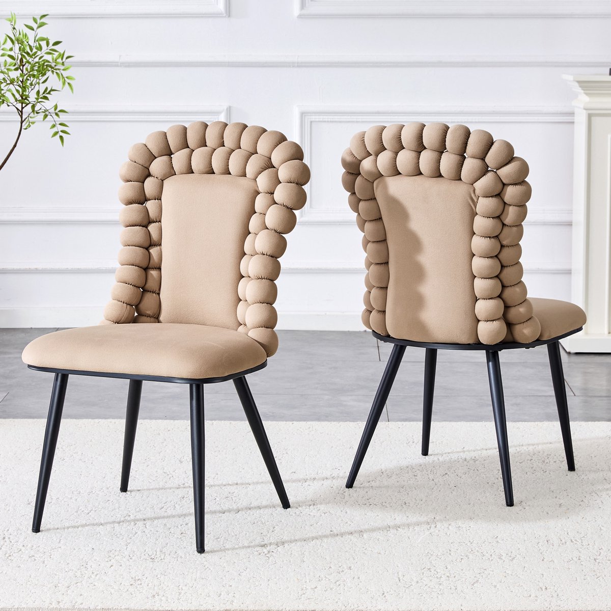 DESMIU Eetkamerstoel - Set Van 2 - Hoge Rugleuning Met Kogelkettingdesign - Voor Eetkamer, Woonkamer En Garderobe - Fluweel Camel