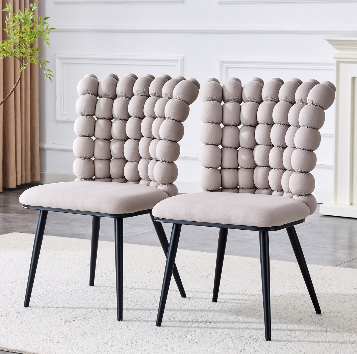 DESMIU Eetkamerstoel 54 x 48 x 88 cm - Set Van 2 Met Kogelkettingrugleuning En Zwarte Metalen Poten - Voor Eetkamer En Woonkamer - Velvet Lichtgrijs