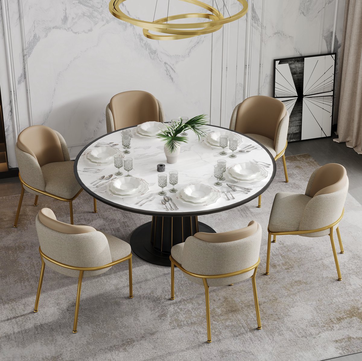 DESMIU Eetkamerstoel 55 x 55 x 85 cm - Set Van 6 Met Armleuningen En Verstelbare Voetjes - Voor Eetkamer En Kantoor - Kunstleer Beige Khaki