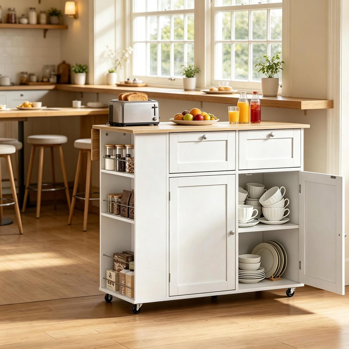 MIVRAY Keukenkast - Keukeneiland Met Opklapbaar Werkblad En Wielen - Met Laden En Opbergruimte Voor Keuken - Wit En Licht Eiken - 101x62x86 Cm