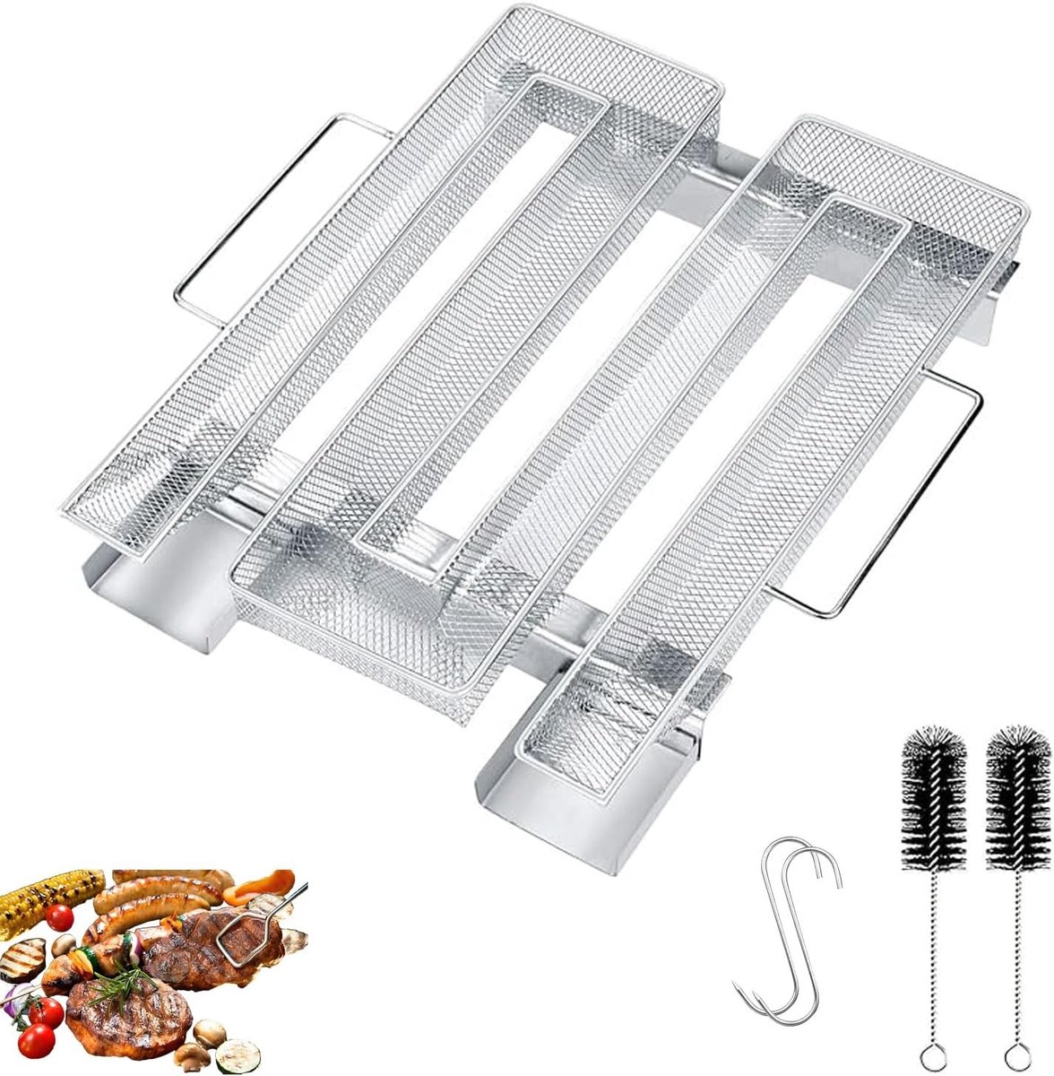 Koude Rookgenerator met Handvat, Rookgenerator van RVS met 2 Vlees Haken en 2 Schoonmaakborstels voor Grill, BBQ en Rookoven (22.5 x 17.5 x 4 cm) - Perfect voor Roken, Barbecueën en Vleesbereiding