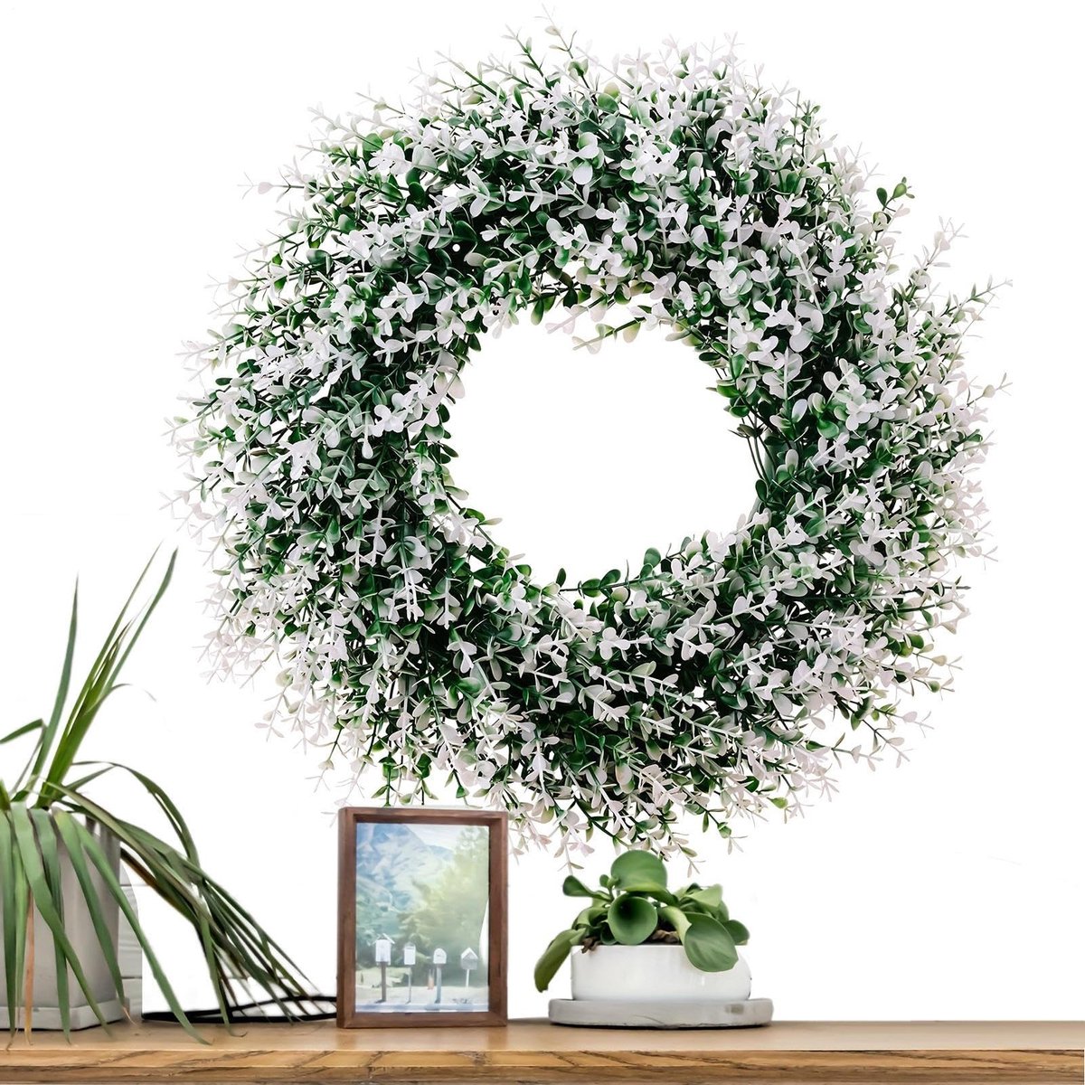 lentekrans voor de huisdeur, kunstmatige eucalyptus deurkrans, faux eucalyptusbladeren, bloemenkrans, lente- en zomerslinger voor buiten, decoratieve bloemenslinger voor muur,