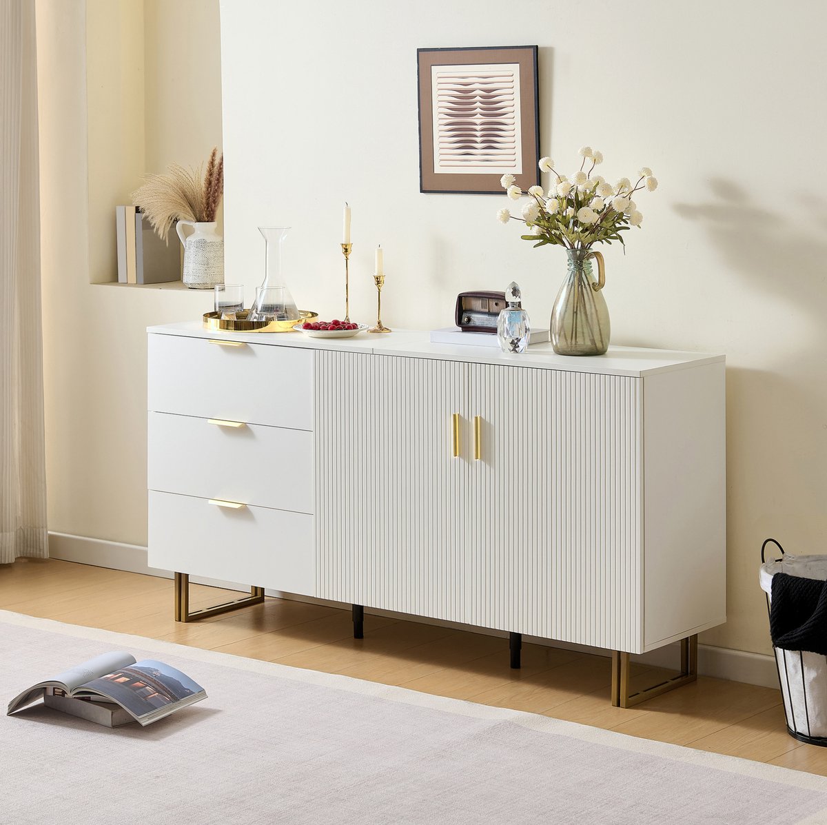 MIVRAY Dressoir - Moderne Opbergkast Met 2 Deuren En 3 Lades - Voor Woonkamer En Eetkamer - MDF In Wit - 160x40x81,5 Cm