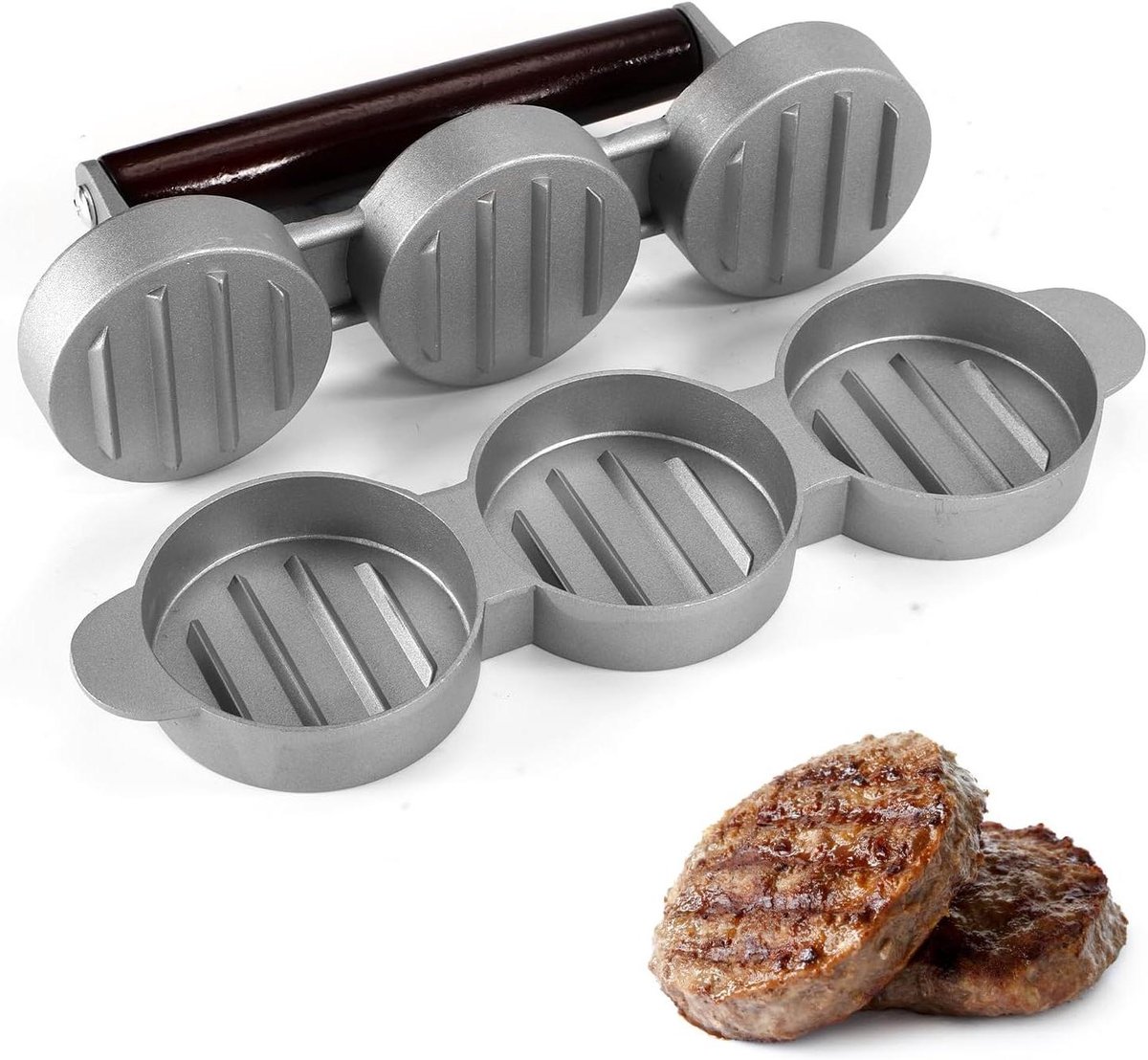 Mini Burger Pers - Hamburger Vorm - Burgers Maken - 3 Pasteitjes Tegelijk - 6.4 cm Diameter - Zilverkleurig