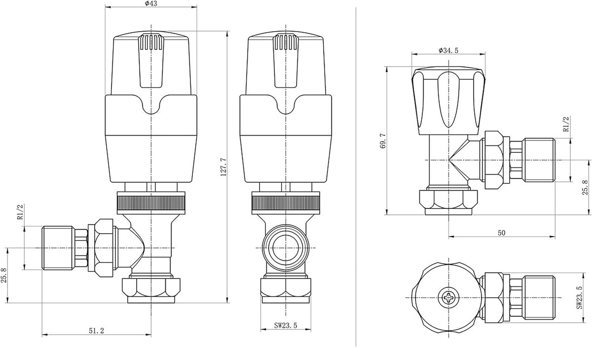 Thermostatische radiator kleppen - Radiator ventielen - Verwarming regelen - Schuine uitvoering - 15 mm aansluiting - Antracietgrijs
