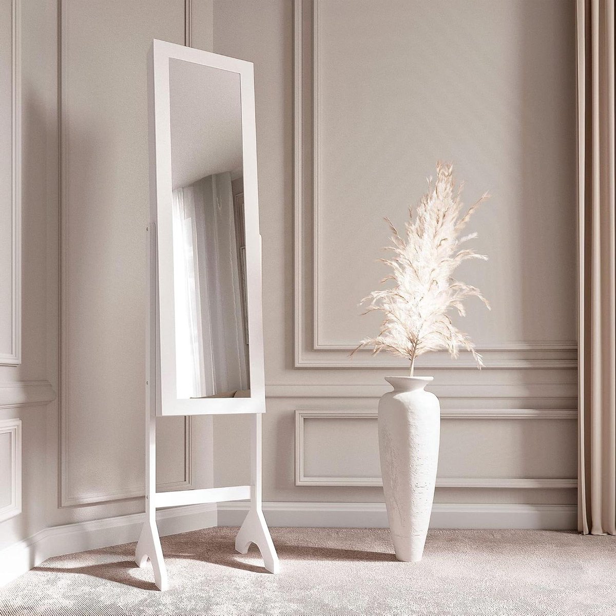 Sieradenkast met spiegel - Make-up organizer - Kamer opruimen - Pluche gevoerd interieur - 146 cm hoog - Wit