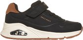 Zwart met bruine Skechers sneaker, zijzicht met klittenband en beige zool met luchtkussen.