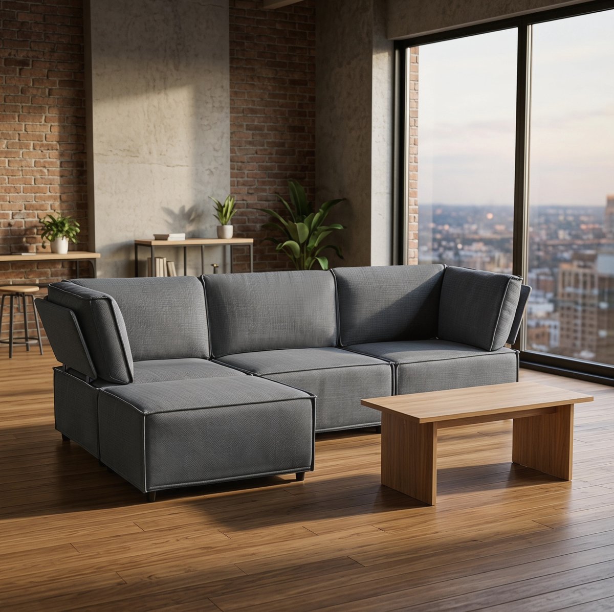 MIVRAY U-bank 238 x 154 cm - Modulaire 4-Zits Bank Met Flexibele Opstelling En Slaapbankfunctie - Voor Woonkamer - Linnen Donkergrijs