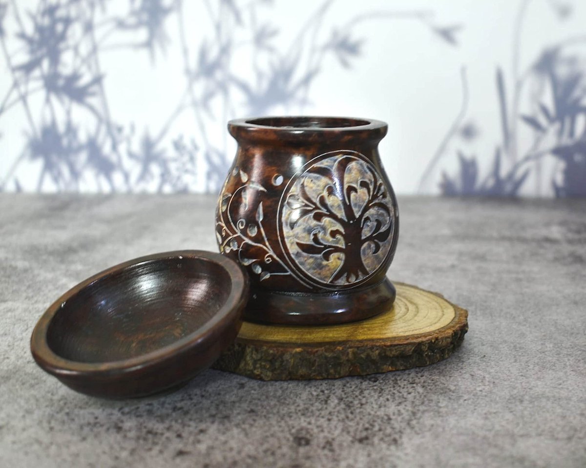 Aroma Diffuser|Speksteen Theelichthouder|Handgeschilderde Levensboom Handgesneden Jali werk|Speksteen|voor Aromatherapie (Ontwerp 6)
