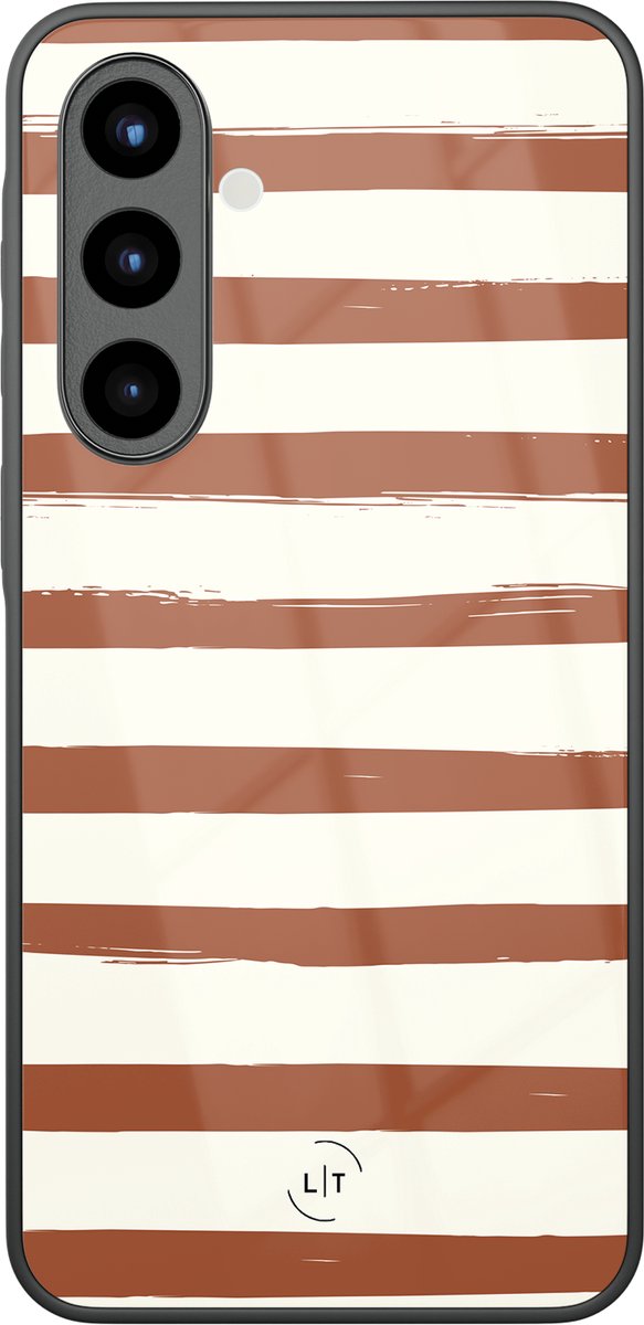 Hoesje geschikt voor Samsung Galaxy A56 - Terracotta stripes - Luxe Glazen Hardcase - Gestreept - Bruin