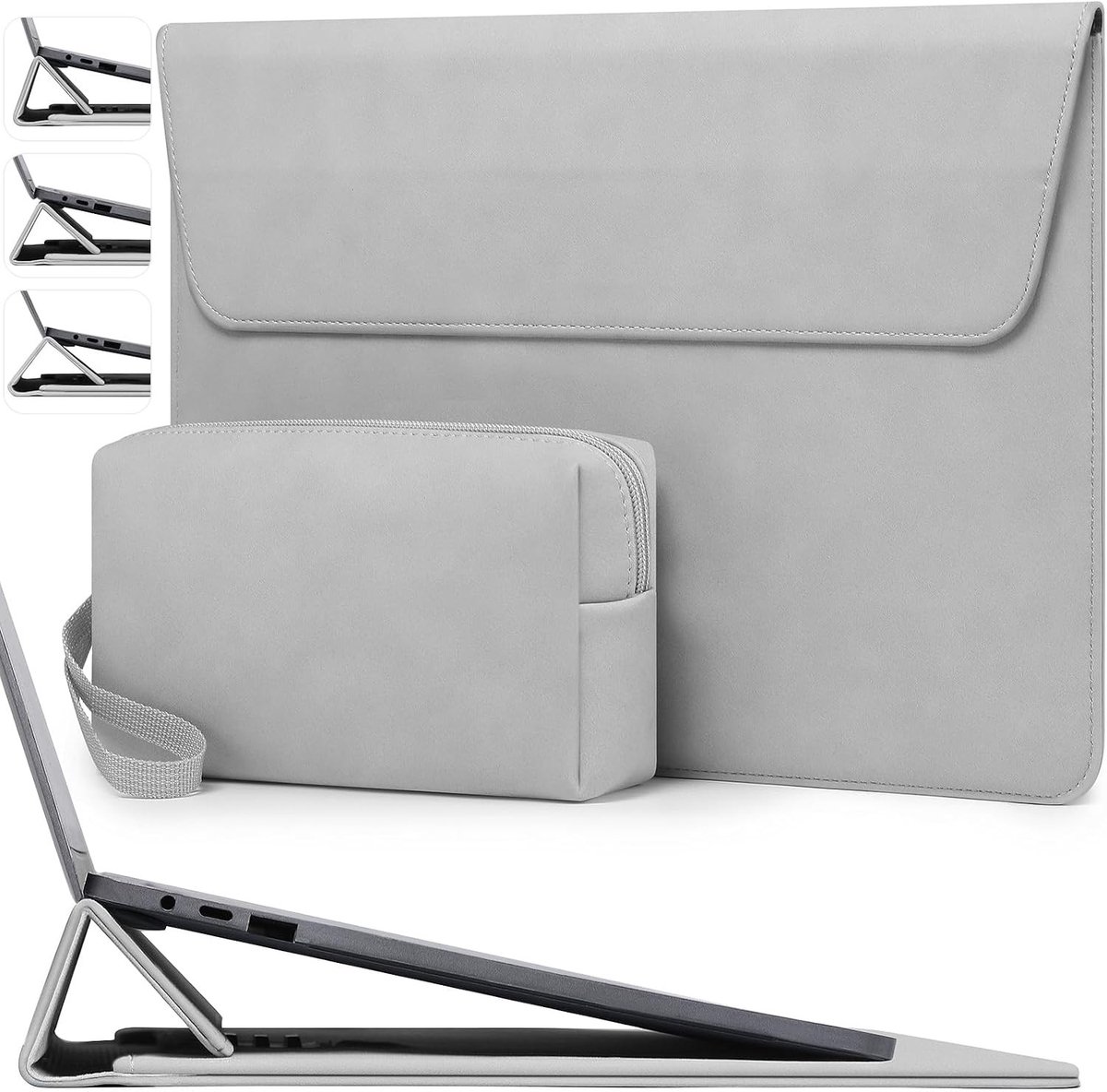 15 Inch Laptop Sleeve met Verstelbare Stand voor MacBook Air en Pro, Geschikt voor Surface Laptop 7/6/5/4, Lichtgrijs en Beschermend Accessoire