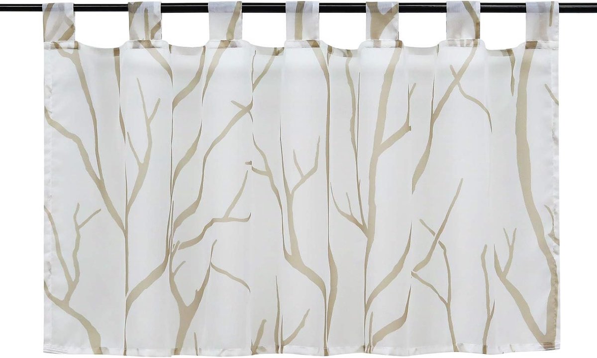 Voile transparant vitrage modern met lussen, korte vitrage, bedrukt 》boomtakken《, keukengordijn, wit #2, H x B 60 x 120 cm