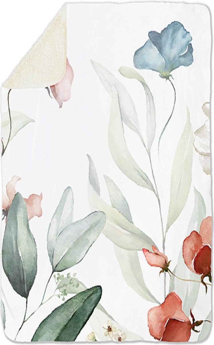 Fleecedeken Bloemen wit, FD2023101, 96x146cm, Polyester Sherpa