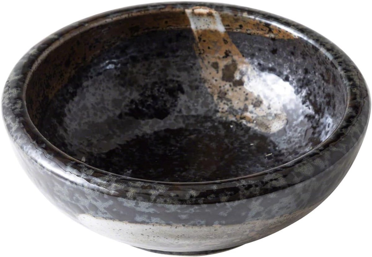 Minoyaki Serie Kleine Ronde Geglazuurde Ikebana Bloemenvaas – Made in Japan – Handbeschilderd Keramiek voor Bloemstukken – Zwart met Bruin-Witte Vegen