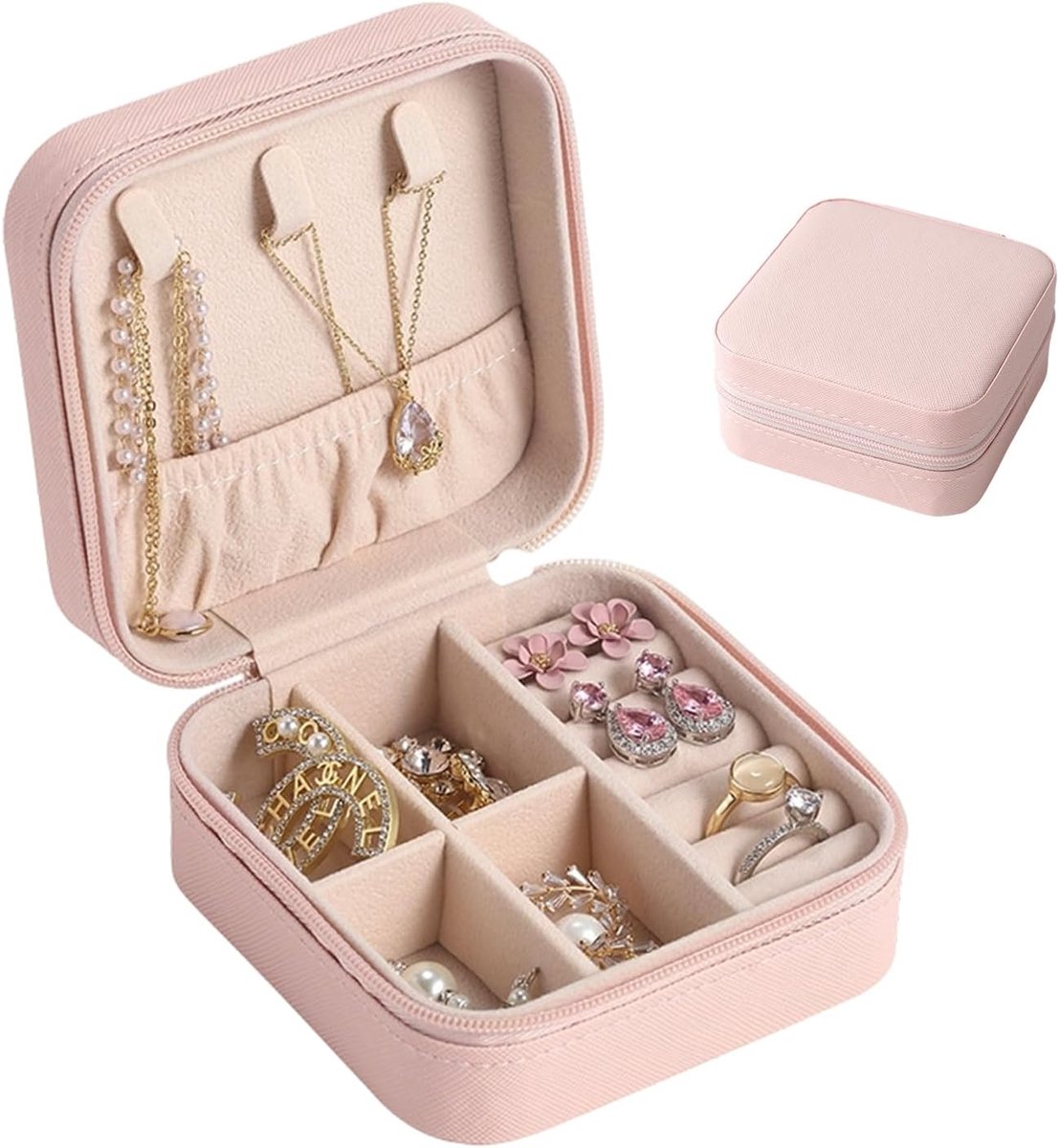 sieradendoosje voor op reis en opslag, draagbare sieradenorganizer, gepersonaliseerd voor ringen, oorbellen, kettingen, cadeau voor dames en meisjes, roze