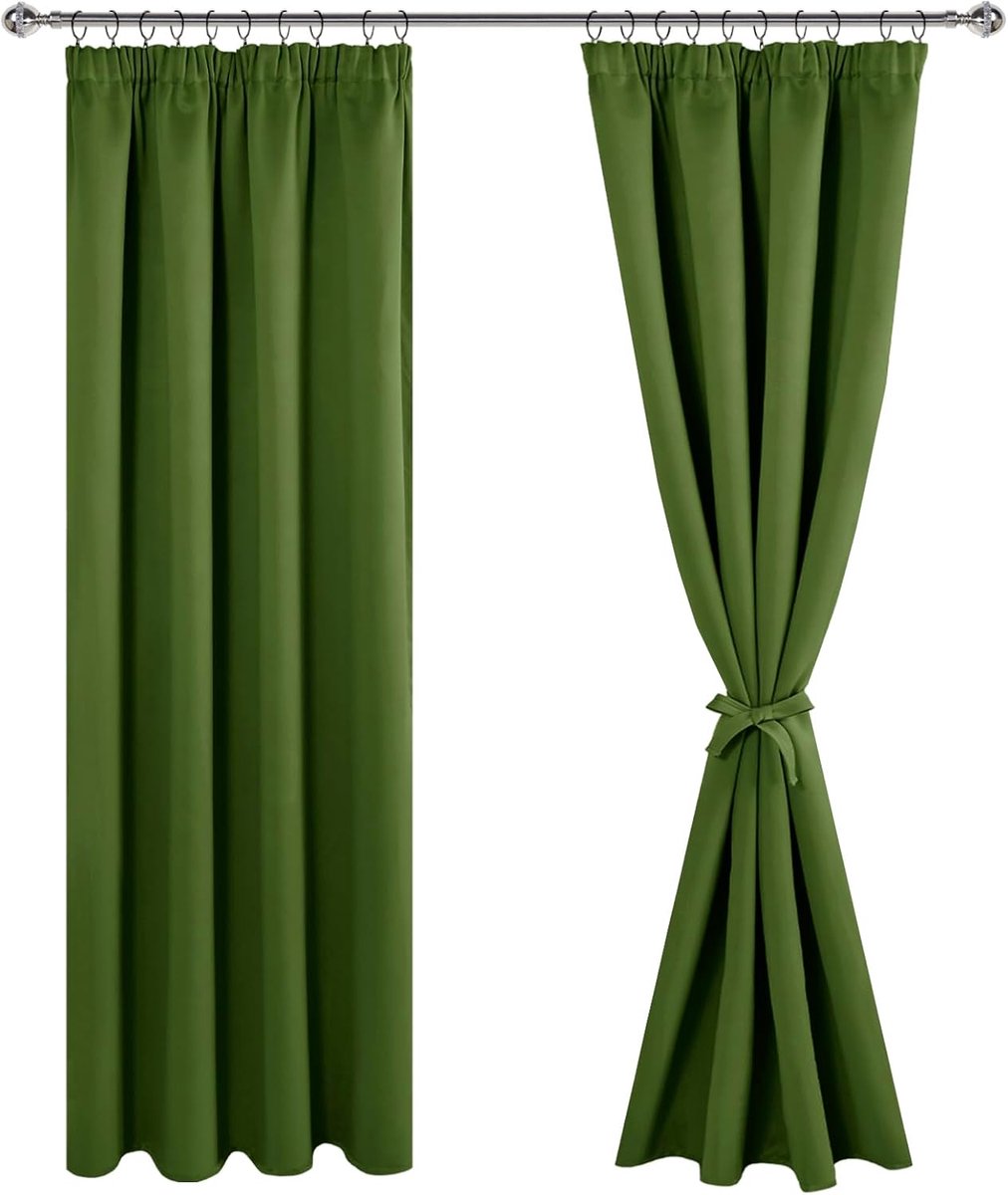 Gordijnen, kerstgordijnen met plooiband, verduisteringsgordijnen, ondoorzichtig, woonkamer, slaapkamer, thermogordijn, olijfgroen, H 225 x B 140 cm, set van 2