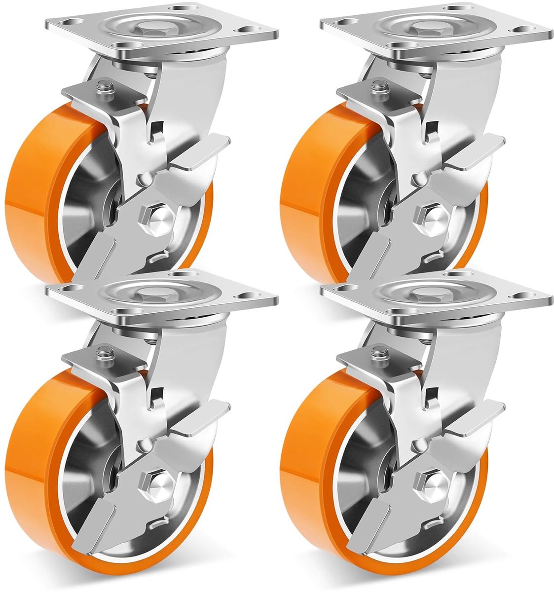 B D WEIBIDA 5inch zwaarlastwielen met zijrem, laadcapaciteit 4000lb, industriële plaatwielen met aluminium kern, polyurethaan wielen voor industrieel gebruik, set van 4